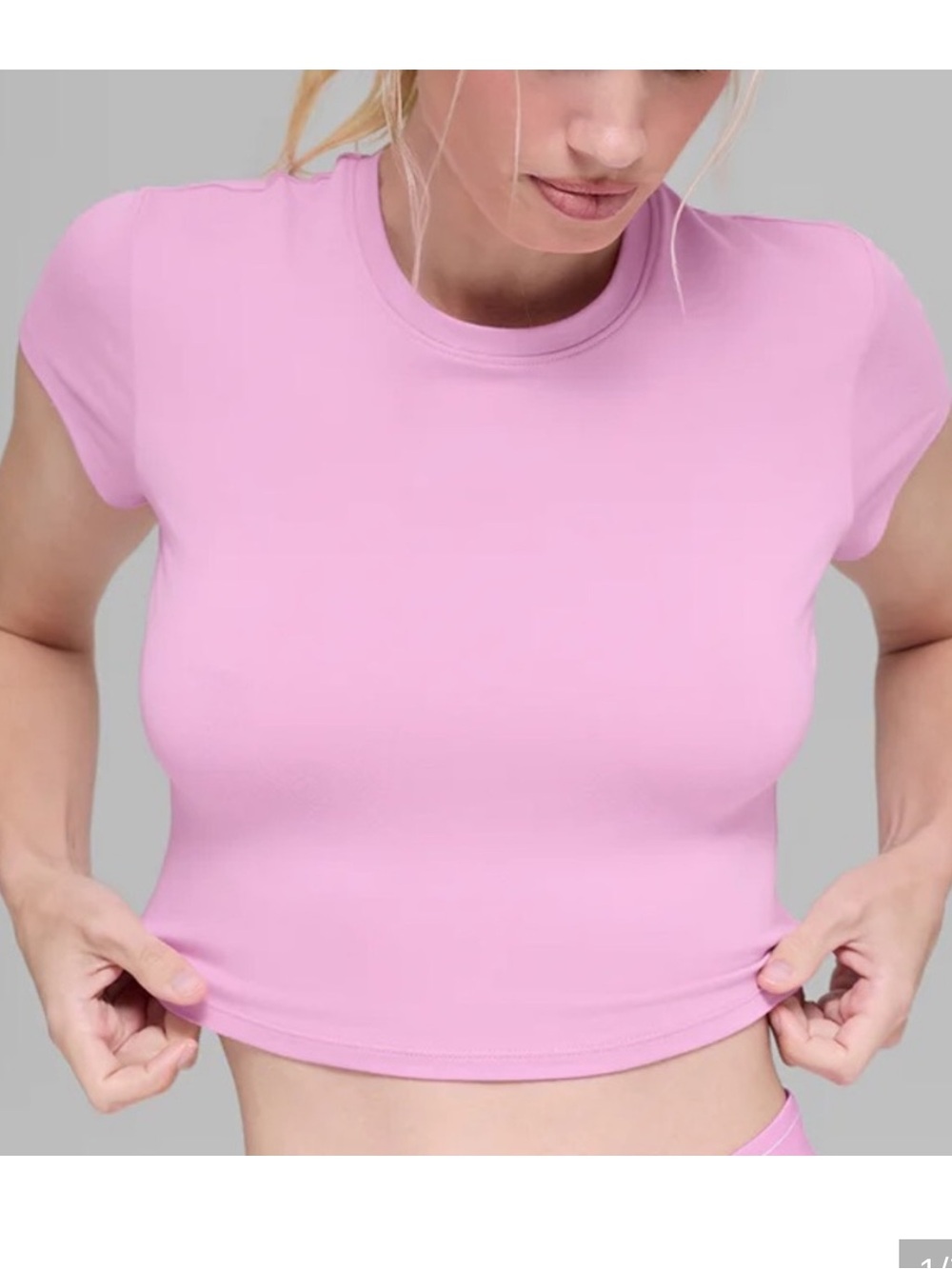 ALO Yoga Light Pink Alosoft Cropped Crew Tee in Sweet Pink